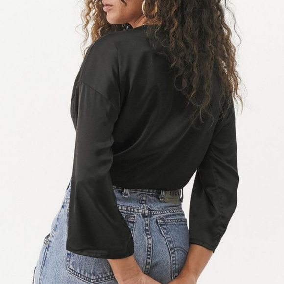 Urban Outfitters Black Satin Tie Front Nicole Blouse Flare Sleeve Deep V Size S - Picture 2 of 14